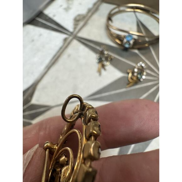 1960s M&S Rhinestone Jewelry Set Brooch Pendant Bracelet Earrings Gold Aqua - Picture 8 of 13